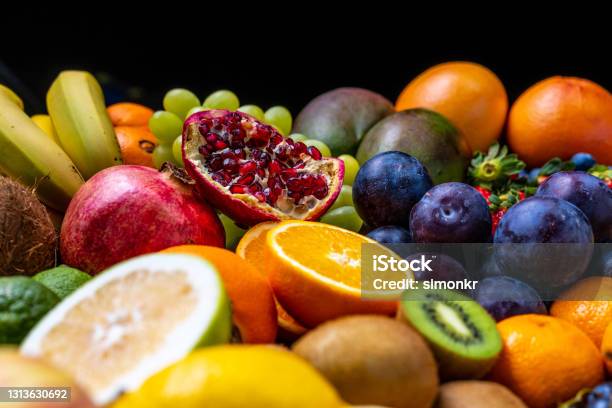 Closeup Of Fresh Fruits Stock Photo - Download Image Now - Fruit, Black Background, Freshness