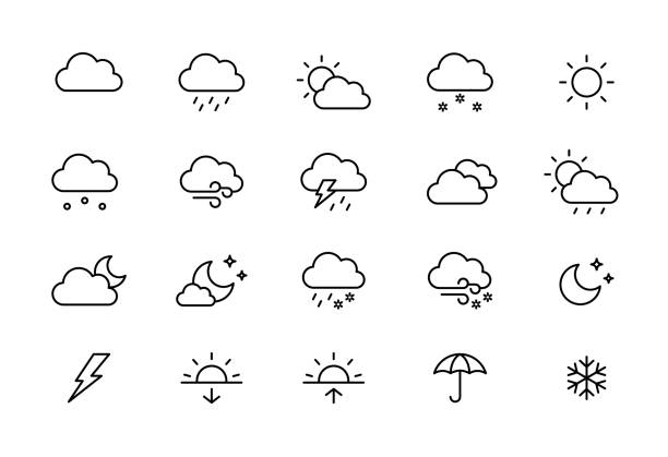 날씨 라인 아이콘 세트입니다. 편집 가능한 스트로크 - 격리. 날씨의 아이콘, 구름, 비, 태양, 눈, 기후, 달, 밤 하늘, 바람, 천둥 폭풍, 이슬. 벡터 스톡 일러스트레이션 - rain sun sunlight cloud stock illustrations