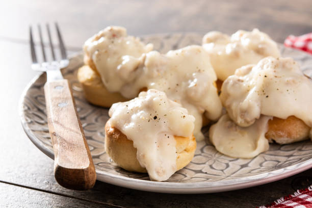 istock Traditional American biscuits and gravy for breakfast 1313631860