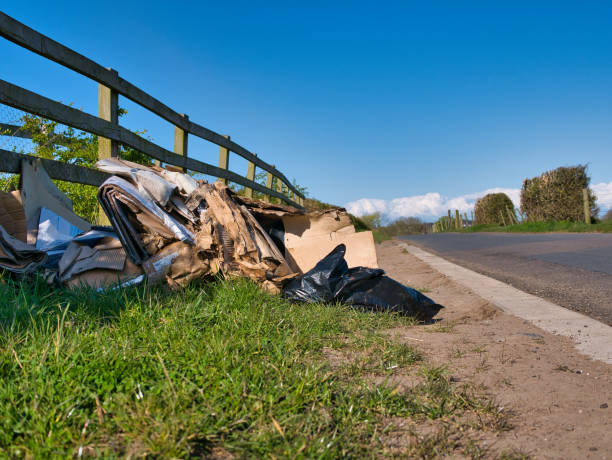 Trade waste dumped illegally (fly tipped) at the roadside on a country lane in winter. Taken in the north west of the UK. Trade waste dumped illegally (fly tipped) at the roadside on a country lane in winter. Taken in the north west of the UK. grass shoulder stock pictures, royalty-free photos & images