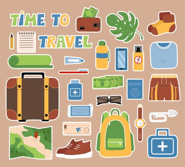 ilustrações de stock, clip art, desenhos animados e ícones de set of tourist things stickers for keeping a diary, travel items, men's set, vector objects suitcase, backpack, first aid kit, money in wallet, passport, plane ticket. - personal organizer telephone group of objects diary