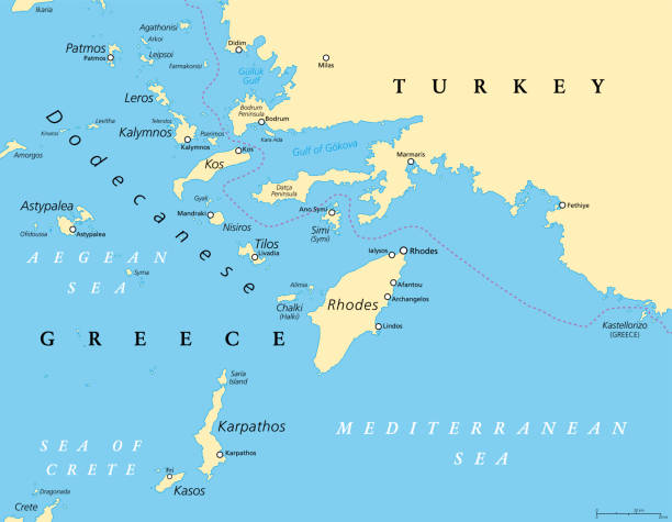Dodecanese, Greek islands group, political map Dodecanese, political map. Group of Greek islands in the southeastern Aegean Sea and Eastern Mediterranean, off the coast of Turkey. Rhodes is the dominant island since antiquity. Illustration. Vector aegean islands stock illustrations