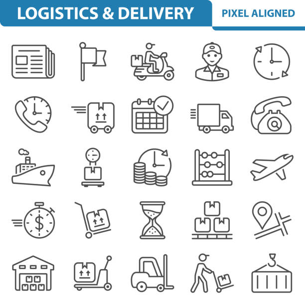 logistik, lieferung, versand, lagersymbole - hubwagen stock-grafiken, -clipart, -cartoons und -symbole