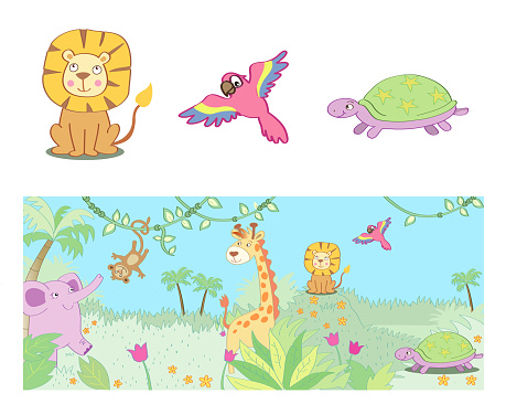 Cute jungle animals with and without a background.