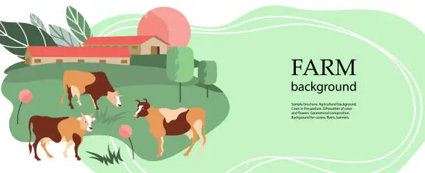 Vector illustration of Horizontal agricultural background. Cows in the pasture. Livestock farm.