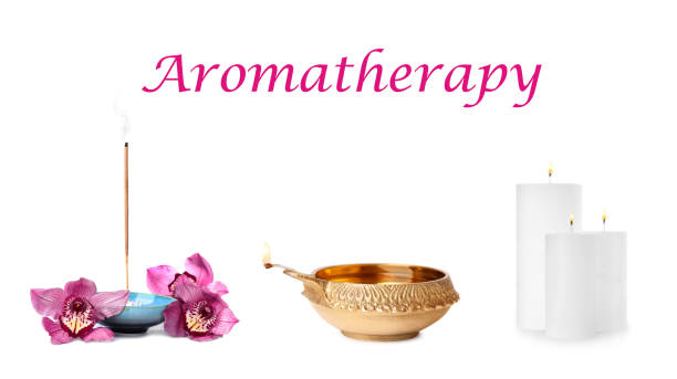 istock Smoldering incense stick, clay lamp and candles on white background. Aromatherapy concept 1313638260