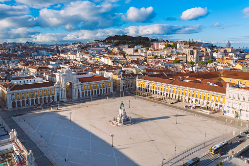 Aerial top view of Commerce Square or Praca do Comercio in Lisbon city old town, Portugal. High quality photo
