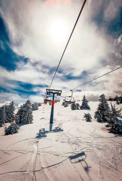 istock Skiing track and cable cars 1313638689