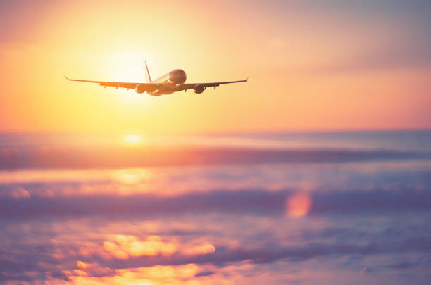 istock Airplane flying over tropical beach with smooth wave and sunset sky abstract background. 1313641749