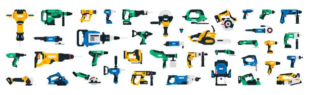 Vector illustration of Large collection of construction power tools. Impact wrench, screwdriver, plane, chainsaw, jigsaw, cordless grinder, glue gun, riveter, dryer, jackhammer, rotary hammer drill, cordless recip, nailer