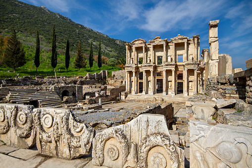Ephesus, Turkey - 23 April: Tourists visiting ancient city of  Ephesus, Turkey.