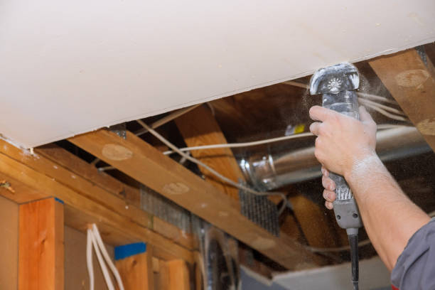 istock Man cutting gypsum drywall on using angle hand electric power tools 1313644452