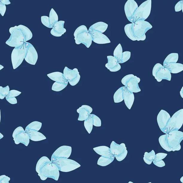 Vector illustration of Contrast seamless creative pattern with botanic random blue orchid flowers print. Navy blue background.