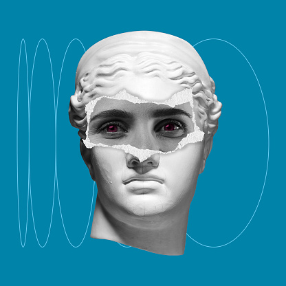 Contemporary art collage with plaster head statue with girl's eyes isolated on futuristic blue background. Copy space for design. White, blue and grey. Minimalism
