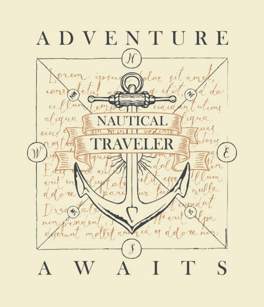 travel banner with a ship anchor and inscription Vector banner with a ship anchor and ribbons with words Adventure awaits. Illustration on the theme of travel, adventure and discovery on the background of handwritten text Lorem ipsum in retro style anchor free pic stock illustrations
