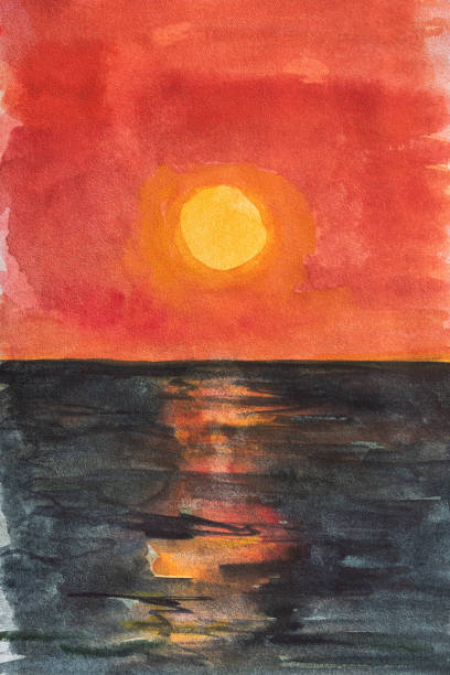 istock Sea red sunset watercolor. Colorful hand-drawn illustration. Vertical composition, full frame. 1313646428