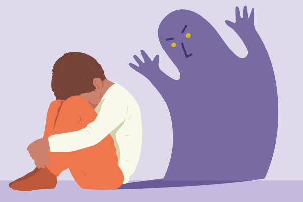 ilustrações de stock, clip art, desenhos animados e ícones de illustration concept problems childhood, sleep, psychology. sad and scared child is frightened by nightmare, bad thoughts, monster, shadow. insecurity, loneliness, problems at home, fear. - hostile environment