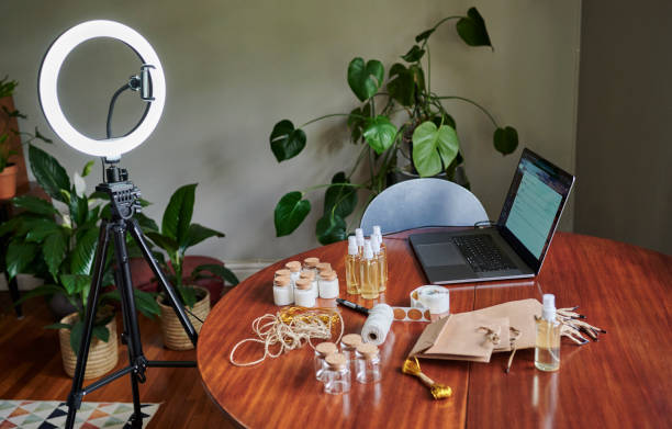 Variety of items on a table in preparation for a vlog post