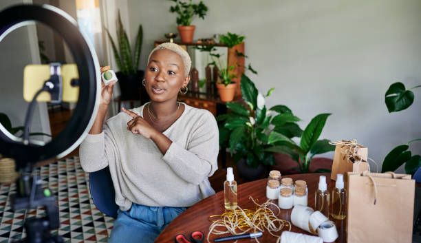 istock Young African influencer talking about a product during a vlog post 1313649310