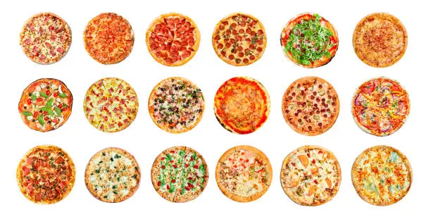 Fresh tasty pizza collage set on white background. Big set of pizzas. Top view.