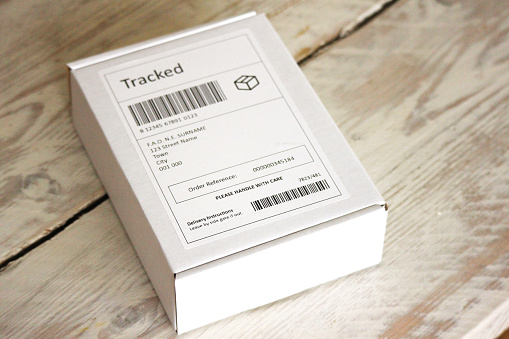 A fictional postage label for a 'tracked' parcel.
