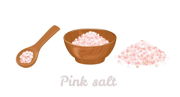 Vector illustration of Pink Himalayan salt in wooden bowl, spoon and heap of salt isolated on white. Vector illustration of organic spice in cartoon flat style.