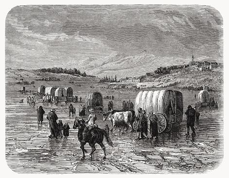 American immigrants on the way. Scene from the end of 19th century. Wood engraving, published in 1868.