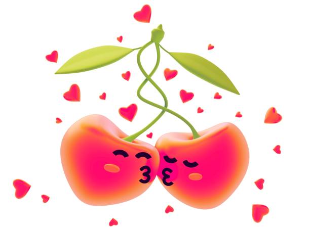 счастливый день валентина иллюстрация с 3d красный сладкий поцелуй вишни на белом фоне с сердцем. праздничный романтический дизайн вишни - cherry valentine стоковые фото и изображения