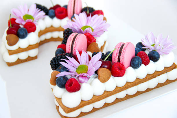 istock biscuit cake with cream, macarons and red berries 1313656509