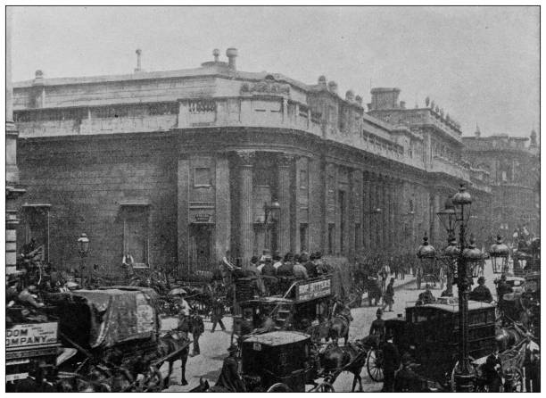 dünyanın simge yapılarının antika fotoğrafı (yaklaşık 1894): i̇ngiltere merkez bankası, londra - bank of england stock illustrations
