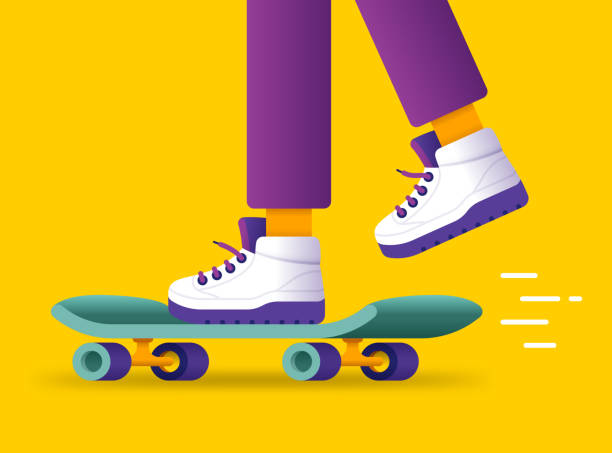 Cool Skateboarding Person Young Adult or Teenager Cool skateboarding person with skate shoes using a skateboard in motion doing tricks. high tops stock illustrations