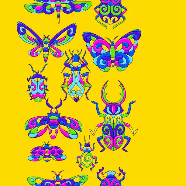 Vector illustration of Seamless pattern with stylized bugs and insects. Mexican ceramic cute naive art.