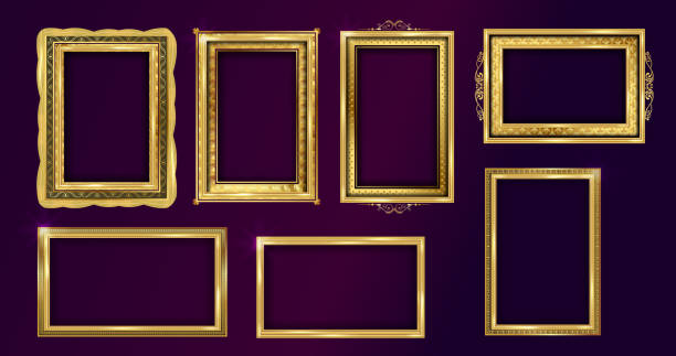 Empty painting or picture frame with golden engraved and carver wooden borders. Set of decorative retro ornamental detailed picture frames. Old classic vector baroque golden frames collection. gold colored photos stock illustrations