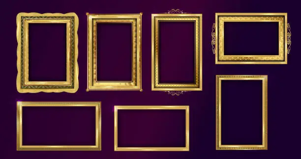 Vector illustration of Empty painting or picture frame with golden engraved and carver wooden borders. Set of decorative retro ornamental detailed picture frames.