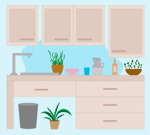 Vector illustration of Kitchen set. Cabinets, a shelf with utensils. Kitchen utensils and items. Decor. Indoor flowers. Home interior.