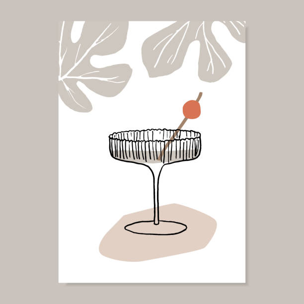 hand gezeichnet sommer-party-grußkarte, einladung mit cocktail-drink isoliert auf weißem hintergrund. champagnerglas mit kirsch- und feigenblättern. vektor moderne illustration. geburtstagskonzept. - food and drink holidays and celebrations isolated objects birthdays stock-grafiken, -clipart, -cartoons und -symbole