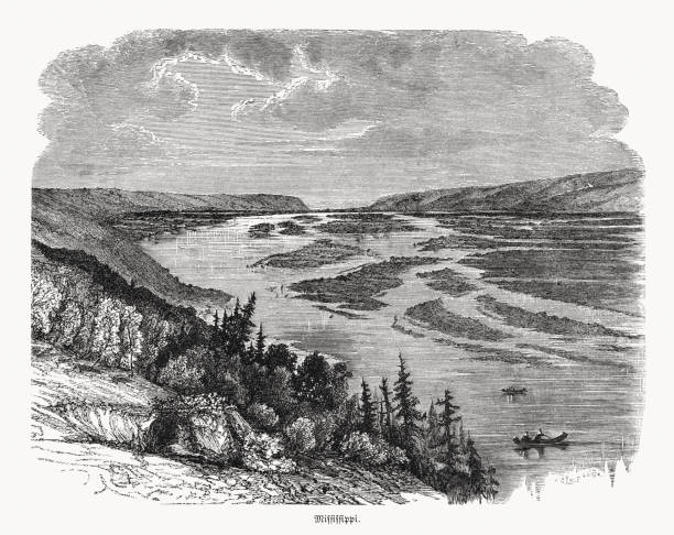 река миссиссипи около nauvoo, illinois, сша, гравюра древесины, опубликованная 1868 - mississippi river illustrations stock illustrations