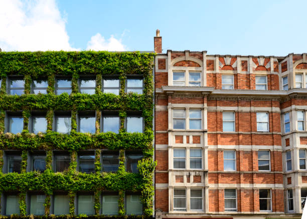 Green office building next to traditional apartment block
