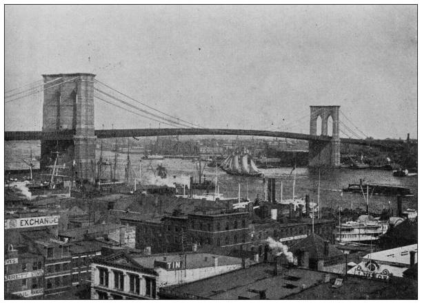 世界のランドマークのアンティーク写真(1894年頃):ブルックリンブリッジ、ニューヨーク - brooklyn bridge new york city brooklyn famous place点のイラスト素材／クリップアート素材／マンガ素材／アイコン素材