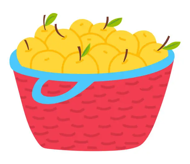 Vector illustration of Yellow Apples in Basket Isolated Vegetarian Food