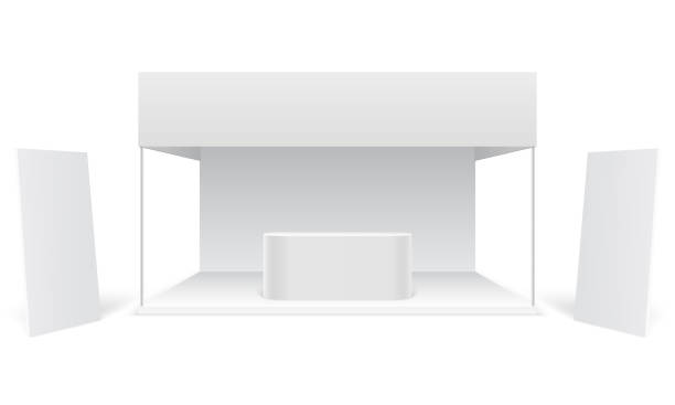 istock Event exhibition trade stand. White promotional advertising booth, standing blank display banners. Marketing stall 3d vector mockup 1313685313