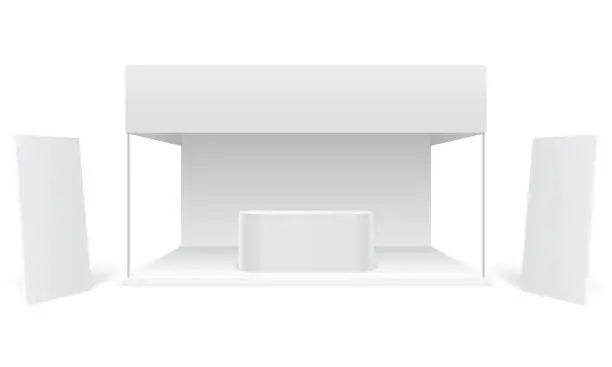 Vector illustration of Event exhibition trade stand. White promotional advertising booth, standing blank display banners. Marketing stall 3d vector mockup