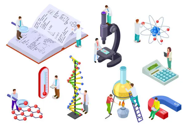 Vector illustration of Isometric science set. Scientist and student with huge chemistry and physics lab equipment. Science laboratory education 3d vector set