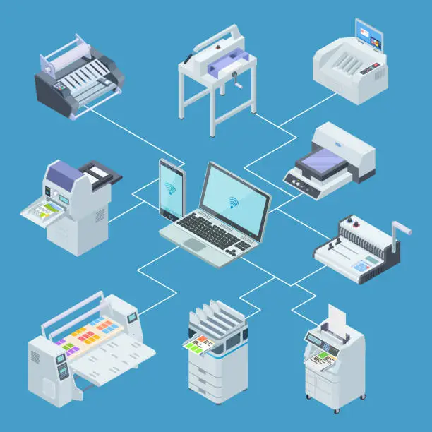 Vector illustration of Modern printing house equipment. Printer plotter, offset cutting machines isometric vector concept