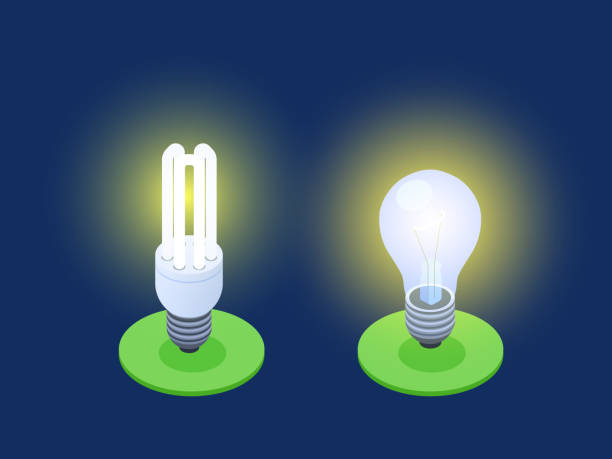 ilustraciones, imágenes clip art, dibujos animados e iconos de stock de ilustración de vectores isométricos y lámparas led que ahorran energía - compact fluorescent lightbulb