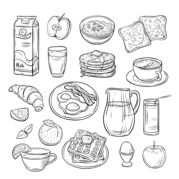 Vector illustration of Breakfast doodle. Sandwich bread toast egg butter, morning coffee and cheese sketch healthy food vintage vector set