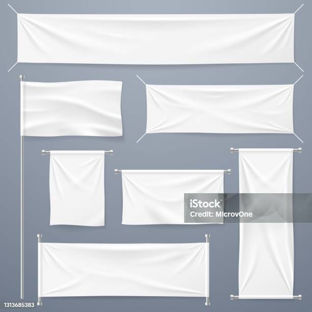 Ilustración de Banderas Textiles Tela Blanca En Blanco Horizontal Banners Verticales Y Bandera Cintas Publicitarias De Tela Y Plantilla Vectorial De Carteles y más Vectores Libres de Derechos de Pancarta