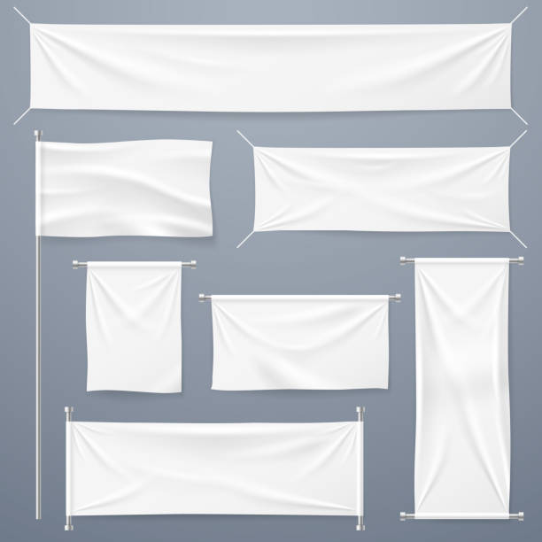 sztandary tekstylne. biała pusta tkanina pozioma, pionowe banery i flaga. szablon wektora reklamy tkanin i plakatów - banner stock illustrations