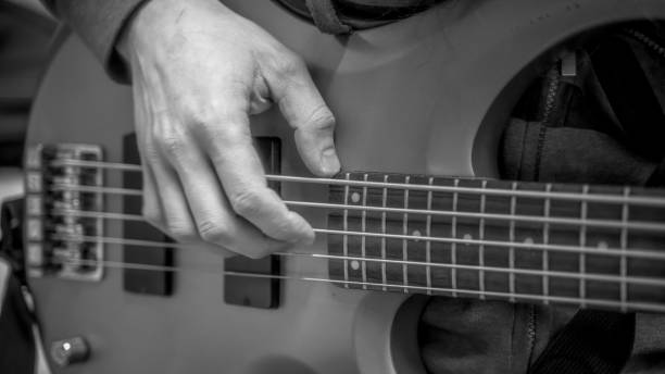 istock musician playing guitar black and white image, close up 1313686348