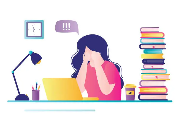 Vector illustration of Young girl sits at workplace and cries. Cute woman has learning problems. Female student gets upset and worried about university